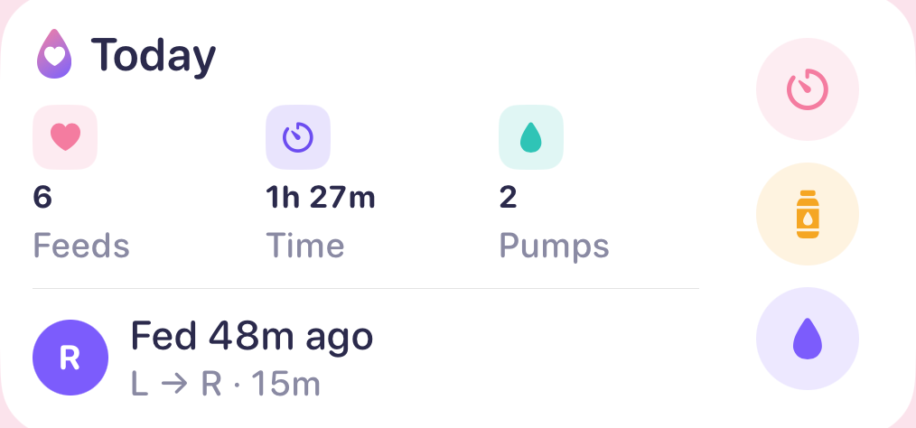 Boobery today widget — feeds, time and pumps at a glance